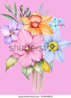 a bouquet of flowers painted in watercolor on a pink background