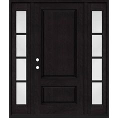 a black door with two glass panels and one side panel on the top half of it