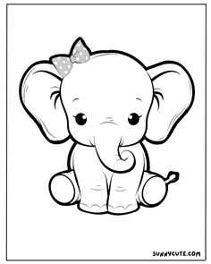 an elephant with a bow on its head sitting down and looking at the camera coloring page