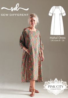 an older woman wearing a dress and sandals, with the sewing pattern for sew different