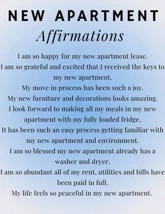 the new apartment affirmations poem is shown in black and white with blue background