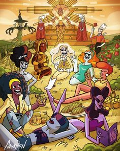 cartoon characters sitting on the ground in front of an egyptian pyramid with food and drinks