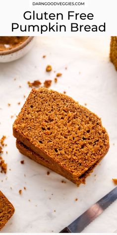 two slices of gluten free pumpkin bread on a cutting board