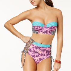 Hula Honey Bikini Both Size Small **I Have Other Sizes Available In The Bikini As Well As Separates In This Same Print!** A Vibrant Combination Of Prints Accented With Strappy Details, This Bandeau Bikini Top And High-Waist Bottoms From Hula Honey Are A Stunning New Look. Removable Straps For Top Included New With Tags I Ship Every Day! Bundle And Save! 162 Pink Underwire Tankini For Pool, Pink Bandeau Tankini For Beach Party, Pink Tankini With Tropical Print, Pink Tropical Print Tankini For Pool, Pink Underwire Tankini For Beach Party, Pink Tropical Print Tankini For Vacation, Pink Bandeau Beachy Swimwear, Strapless Pink Tankini For Beachwear, Beachy Pink Bandeau Swimwear