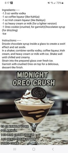 the menu for an ice cream sundae with oreo cookies on top and milkshake