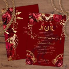 two red and gold wedding cards with roses on them