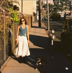 a woman is walking her dog down the sidewalk