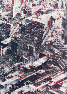 an aerial view of a city with lots of red and white lines on the buildings