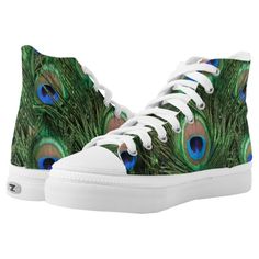 Blue and green Peacock Feather Printed Shoes.  Love the bird feather design! Peacock Shoes, Peacock Gifts, Platform Creepers, Blue High Tops, Black High Top Sneakers, Printed Shoes, Pattern Shoes, Peacock Print, Popular Sneakers