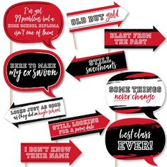 red black and white photo booth props with sayings on them, including speech bubbles