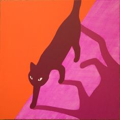 a painting of a black cat on an orange and pink background with the shadow of a person's leg