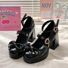 Fabric Material: Pu Color: Black Heel Height: 8cm/3.15" Sku: SE22659 Ulzzang Shoes, Coquette Black, Jk Black, Dr Wardrobe, Cute Shoes Heels, Platform Heels Boots, Kawaii Shoes, Funky Shoes, Aesthetic Coquette