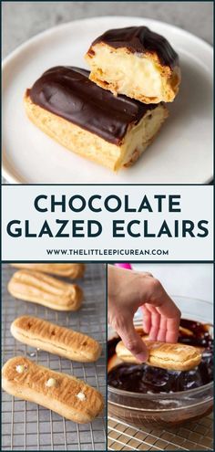 chocolate glazed eclairs on a white plate with text overlay that reads, chocolate glazed eclairs