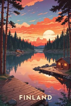 a painting of a sunset over a lake with a dock and cabin in the foreground