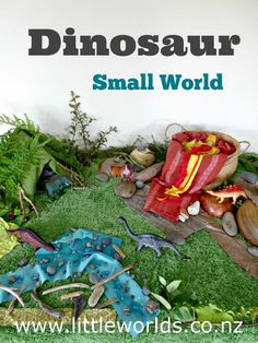 there are many small dinosaurs in the grass with text overlay that says dinosaur small world