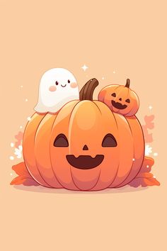 two pumpkins sitting on top of each other in front of a pink background with ghost faces