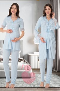 LohusaHamile Blue Color Maternity Pajamas and Robe  Cotton Fabric There are 3 pieces of product in the package ( Maternity Pajamas and Maternity Robe ) This Products have breastfeeding feature Pajamas is Short sleeved Adjustable at the waist There is a Belt in the Pachage it's a model that you can use after postpartum period Attention, There is no CROWN and SLIPPERS in the Package Size Range; if your weight's 60-71 Kilograms or 132-157 Ib, You Should buy size ''S'' Size Range; if your weight's 7 Matching Sleepwear Set With Long Pants, Matching Sleep Set With Long Pants, Blue Long Sleeve Home Sets, Blue Long Sleeve Loungewear Set, Blue Long Sleeve Sleep Sets, Blue Loungewear Sets With Long Pants, Blue Long Sleeve Pant Set For Loungewear, Blue Sleepwear Sets With Long Pants, Blue Long Sleeve Loungewear Pant Set