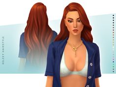 an animated image of a woman with long red hair wearing a blue jacket and white bra