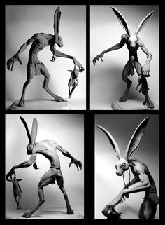 four different images of an alien with long legs and large ears, holding a knife