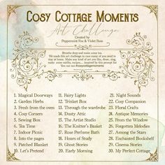 an old poster with the names and dates for cosy cottage moments on it's side