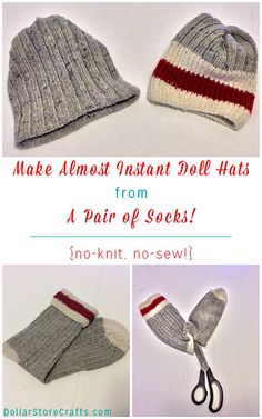 an image of knitted hats and mittens with text that reads make almost instant doll hats from a pair of socks