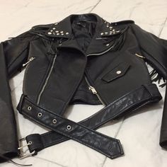 Black Leather Jacket With Studs - Size 1 Super Cute And I’m Excellent Bnwot Condition Just A Few Marks On Collar Area (That Happened When I Folded The Jacket & The Studs Rubbed Against The Other Side) Bedazzled Leather Jacket, Leather Jacket Spikes, Black Rock Leather Jacket For Fall, Black Rock Style Leather Jacket For Fall, Rock Style Black Leather Jacket For Fall, Black Fitted Leather Jacket In Rock Style, Fitted Black Leather Rock Jacket, Black Leather Jacket For Winter In Grunge Style, Black Fitted Leather Jacket Rock Style