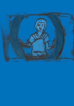 a drawing of a person in a blue shirt holding a frisbee on a blue background