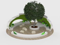 a small tree sitting in the middle of a circular area with benches and tables around it