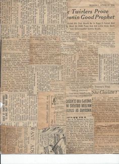 an old newspaper has been torn into pieces with words written on it and some are missing