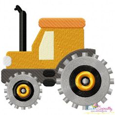 a yellow and black tractor with wheels on it's back is embroidered onto the side of a white shirt