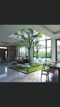 a living room filled with furniture and a large tree in the middle of the room