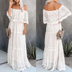 White Lace Off Shoulder Dress Maxi Bridesmaid Wedding Dress Lined White Bohemian Dress, Bohemia Dress, High Waist Long Skirt, White Bohemian, Long Skirts For Women, Medium Dress, Girl Clothing, Lace Maxi, Small Dress