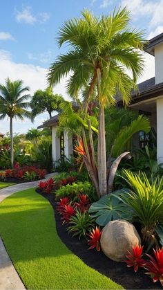 tropical landscaping with palm trees and flowers in front of a white house on a sunny day