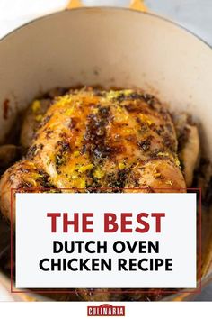 A whole roasted chicken seasoned with herbs and zest, cooked in a Dutch oven, with a golden brown and crispy exterior.