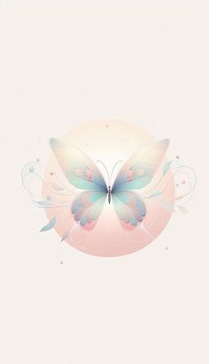 a pink and blue butterfly sitting on top of a white ball with swirls around it