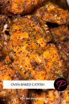 oven - baked catchfish in a pan with herbs on top and the title overlay reads oven - baked catchfish