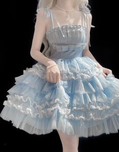 Balletcore Ruffled Skirt Dress For Spring, Spring Balletcore Dress With Ruffled Skirt, Summer Costume Party Dresses With Tiered Skirt, Spring Costume Party Skirt With Ruffles, Blue Tiered Tulle Skirt Dresses, Blue Full Skirt With Ruffles, Spring Costume Party Dress With Tiered Skirt, Fairy Kei Fitted Skirt With Ruffles, Skirted Party Dresses With Attached Cancan