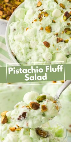 pistachio fluff salad in a glass bowl with a spoon full of it