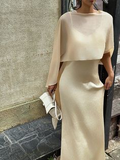 2pcs/Set Women's Elegant Satin Sleeveless Solid Color Dress With Sheer Satin Shawl Yellow Party    Plain  Non-Stretch  Women Clothing, size features are:Bust: ,Length: ,Sleeve Length: Satin Dress With Shawl, Tissue Material Dress, Satin Two Piece Set, Dubai Outfits, Satin Shawl, Modest Evening Dress, Material Dress, Dress With Shawl, Grad Dresses