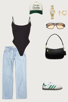 Body Suit Outfits Jeans Casual, Bodysuit And Jeans Outfits, Caviar Cowboy, Sambas Black, Black Bodysuit Outfit, Black Top Outfit, Coach Outfits, Black Coach Purse