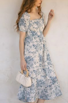 Smocked Midi Dress - Zoey - Morning Lavender Online Boutique French Blue Floral Dress, X Line Dress, European Outfits Summer, Cute Midi Dresses, White And Blue Floral Dress, White And Blue Dress, Blue White Dress, White Floral Midi Dress, Feminine Dresses