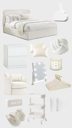 white furniture and accessories are arranged in the shape of a bed