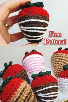 crocheted strawberries are shown with the text, free pattern for this item