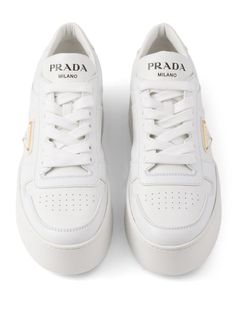 Find PRADA Downtown Bold Leather Sneakers on Editorialist. white leather smooth grain panelled design triangle logo logo-print tongue round toe front lace-up fastening perforated toebox branded heel counter branded leather insole platform sole White Custom Lace-up Sneakers With Logo, Custom White Lace-up Sneakers With Logo, Luxury White High-top Sneakers With Embossed Logo, Calf Leather Sneakers With Logo And Round Toe, White Low-top Platform Sneakers With Logo Detail, Sporty Leather Platform Sneakers With Logo Detail, Sporty Leather Platform Sneakers With Logo, Designer White Sneakers With Logo, White Modern High-top Sneakers With Logo