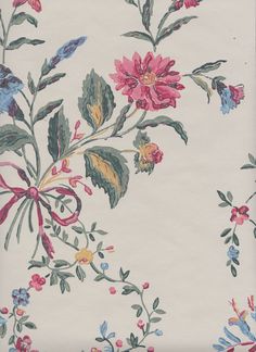 a floral wallpaper with pink, blue and yellow flowers on white background in full bloom