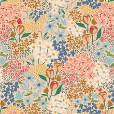 an image of a flower pattern with many different colors and flowers on the same background