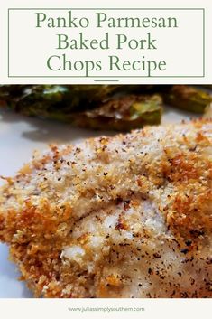 panko parmesan baked pork chops recipe on a plate with asparagus