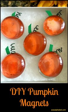 four oranges are shown on top of a sheet of paper with the words diy pumpkin magnets