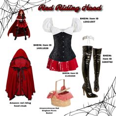 the red riding hood costume is shown in several different styles and sizes, including boots