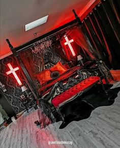 a bed with a cross on it in a room